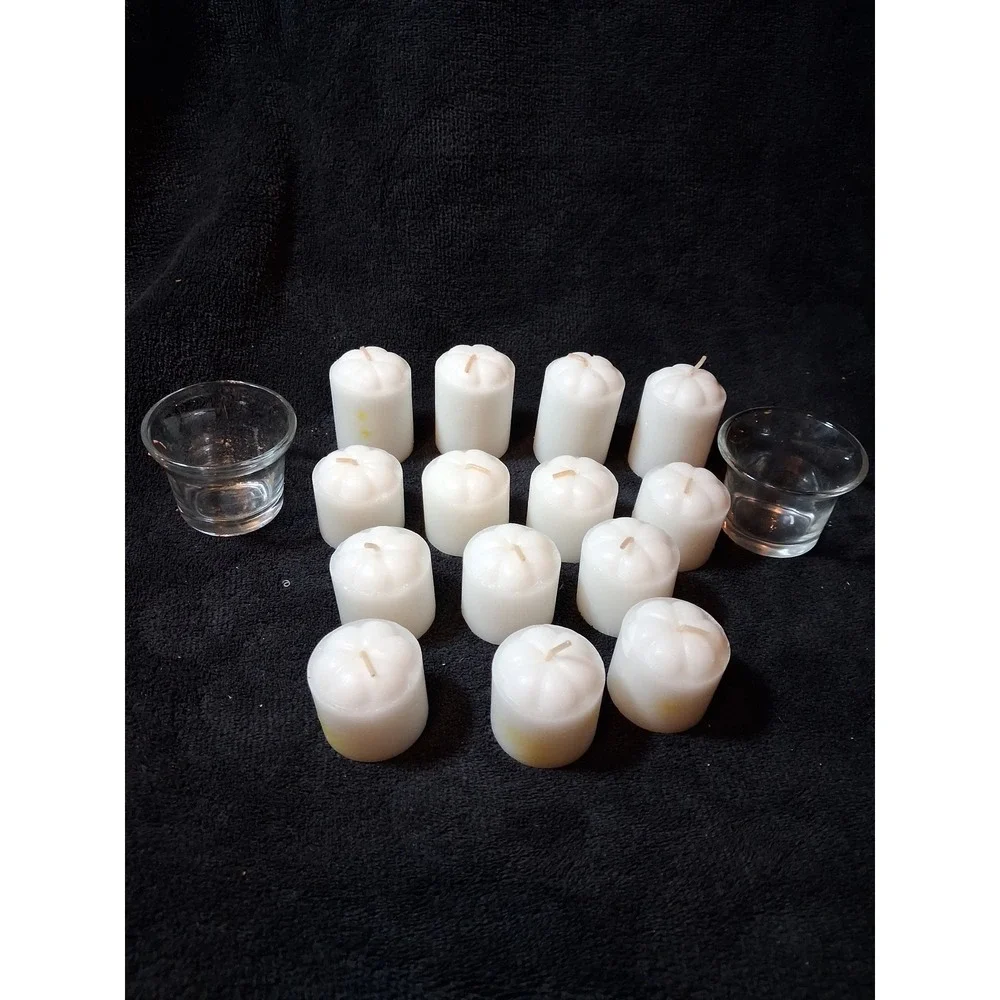 14 White Pumpkin Votive Candles and 2 Glass Holders Fall Thanksgiving Decor Set